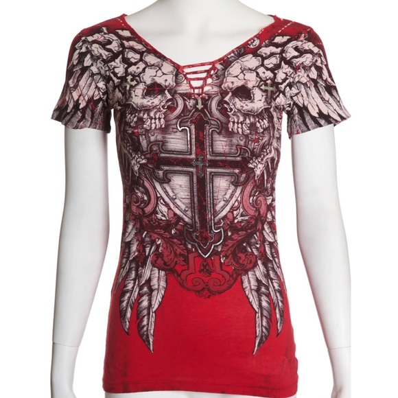 Archaic By Affliction Maglietta Da Donna Tainted Lover, Girocollo, Stampa Su Tutta La Cintura, Cotone Morbido
